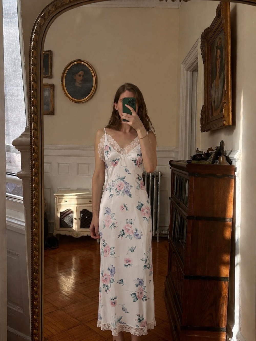 Vintage Maxi Slip Nightgown Dress Size Medium White Floral